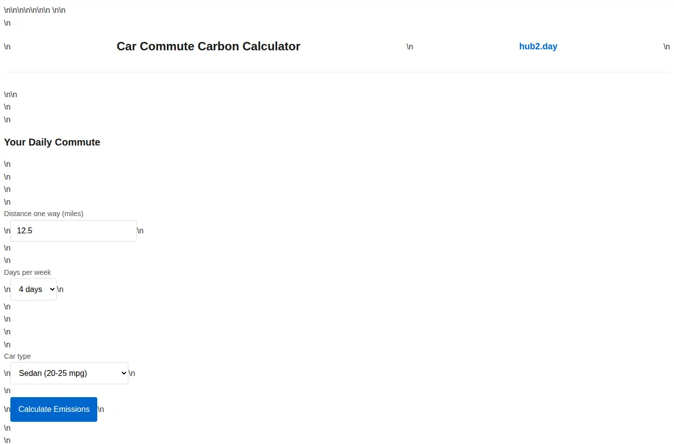 Screenshot of Car Commute Carbon Calculator interface showing the project page in use